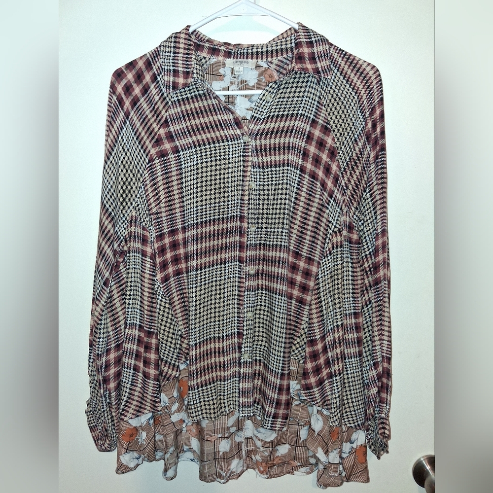 Umgee Plaid Button-Down Shirt with Lace Detail